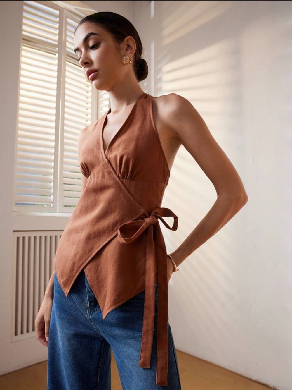 Rust-Brown Wrap Halter Top - Picture 6 of 11